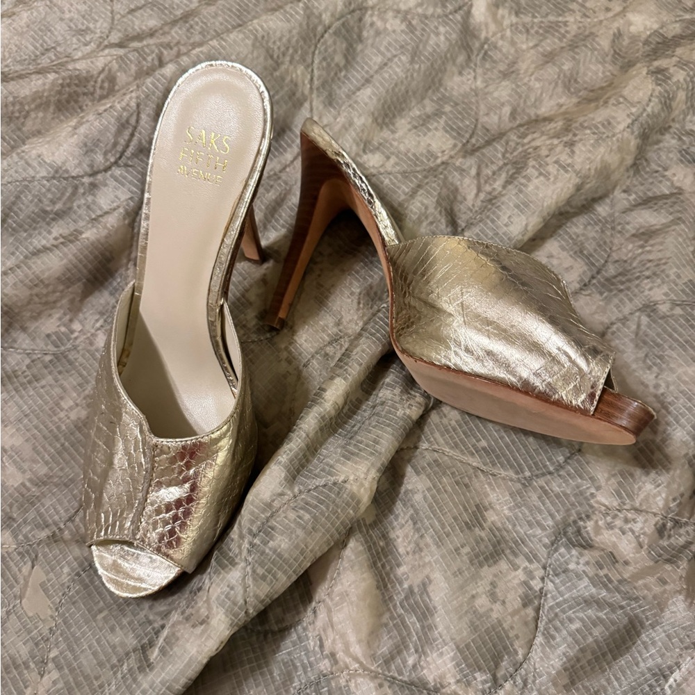 Saks Fifth Avenue Metallic Gold Genuine Leather Heels